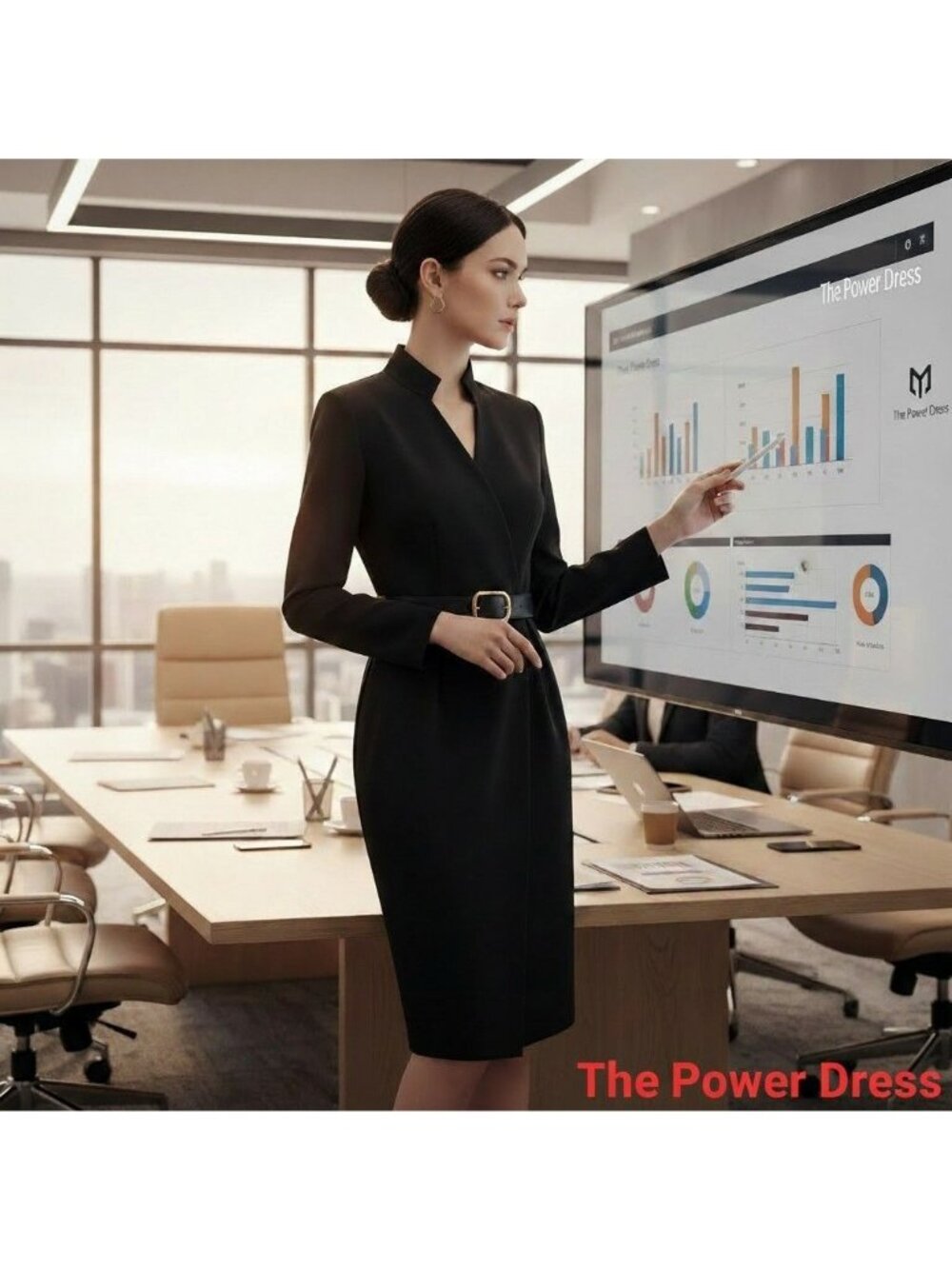 Black Long-Sleeve Dress Belted Waist Business Corpcore Professional Power Dark